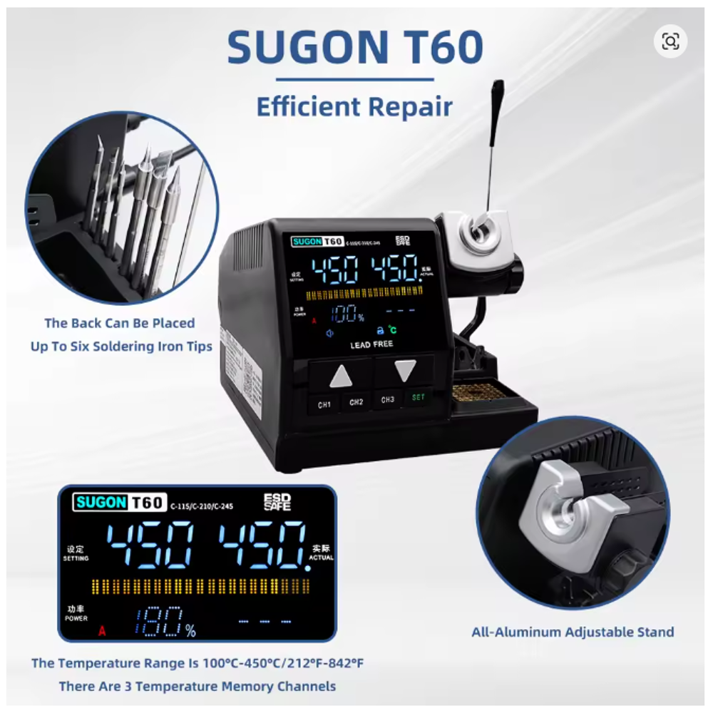 SUGON T60 Soldering Station Compatible Original 115/210/245 Iron Tip With Double Handle Digital Display Welding Rework Station With C115 C245 C210 Handle Set...