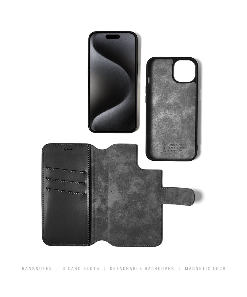 2 in 1 Wallet Case - Black, for iPhone 15 Plus