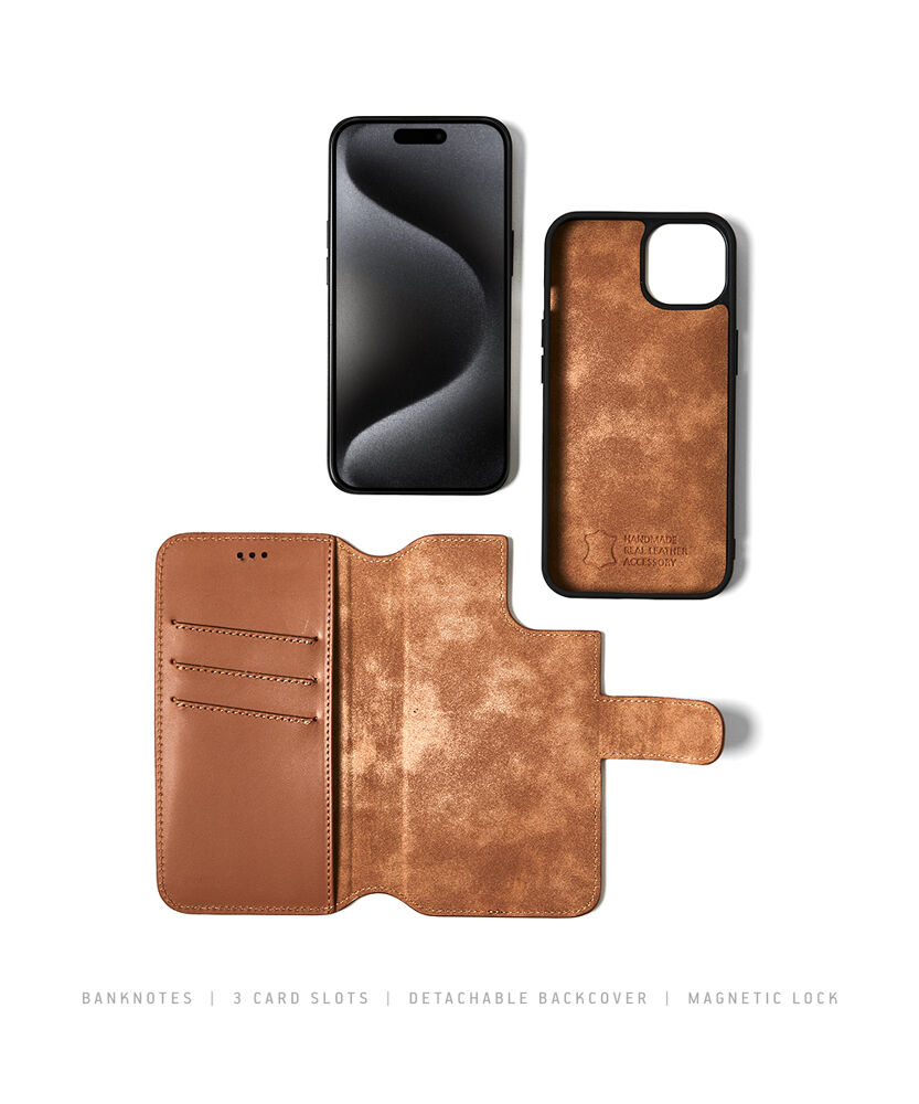 2 in 1 Wallet Case - Light Brown, for iPhone 15 Plus