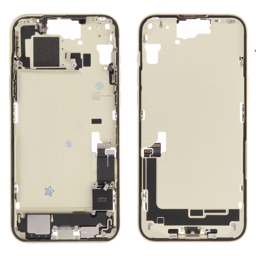 Middle Frame (Pulled C) incl. small parts - Yellow, For iPhone 15 Plus